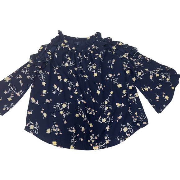 Kaari Blue Curvy Women Floral Cold Shoulder Top Blouse SZ 2X Flare Long Sleeve - Picture 2 of 12